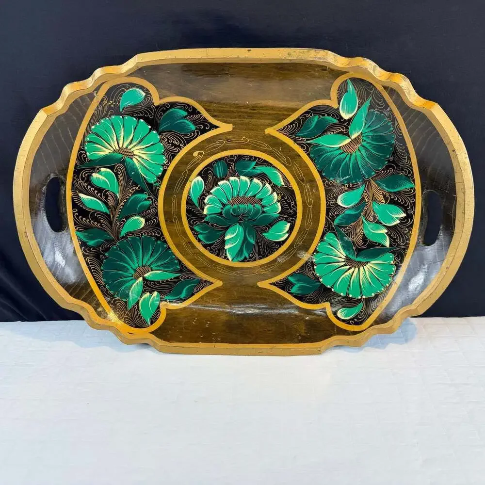 Oval Wood Serving Tray Green Floral Folk Art Gold Trim Handles Large 17in Mexico